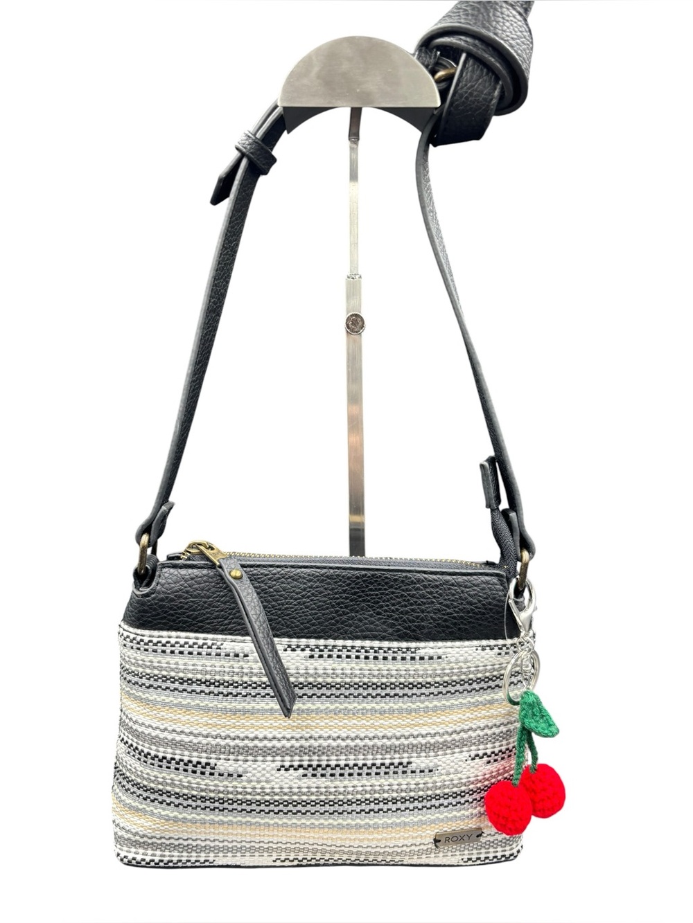 ROXY Black White Woven Striped Crossbody Bag Boho Cherry Charm